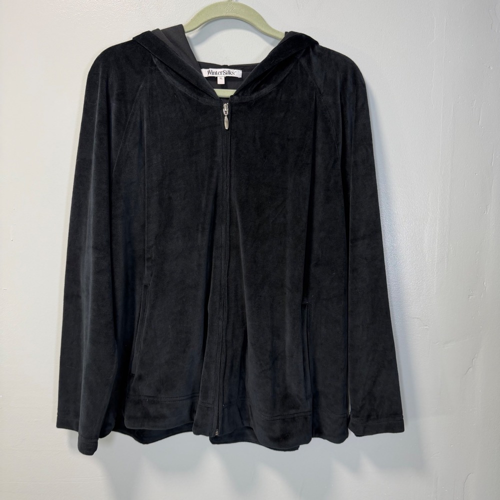 WinterSilks Y2K Black Velour Zip Up Hoodie Jacket XL U08446